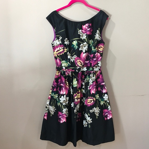 Eliza J A Line Dress Womens 4 Black Purple Floral Belted Lined Sleeveless - Picture 2 of 9